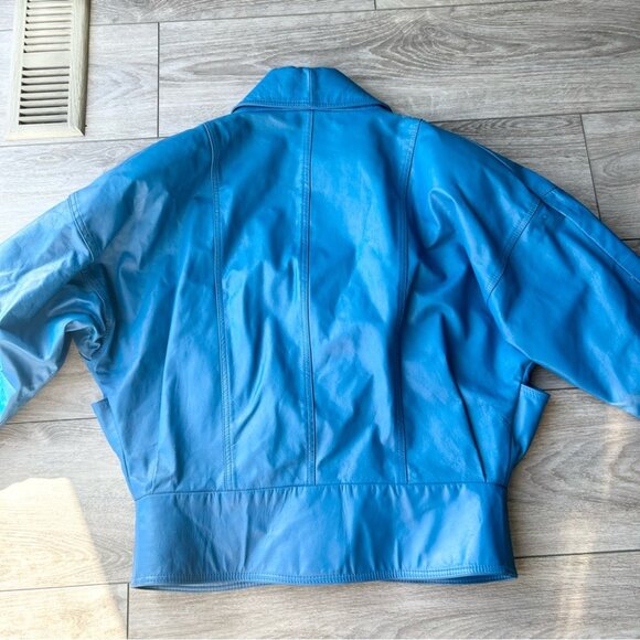 Vintage 80s BB Dakota Blue Leather Bomber Moto Jacket Made in Canada - Picture 9 of 16